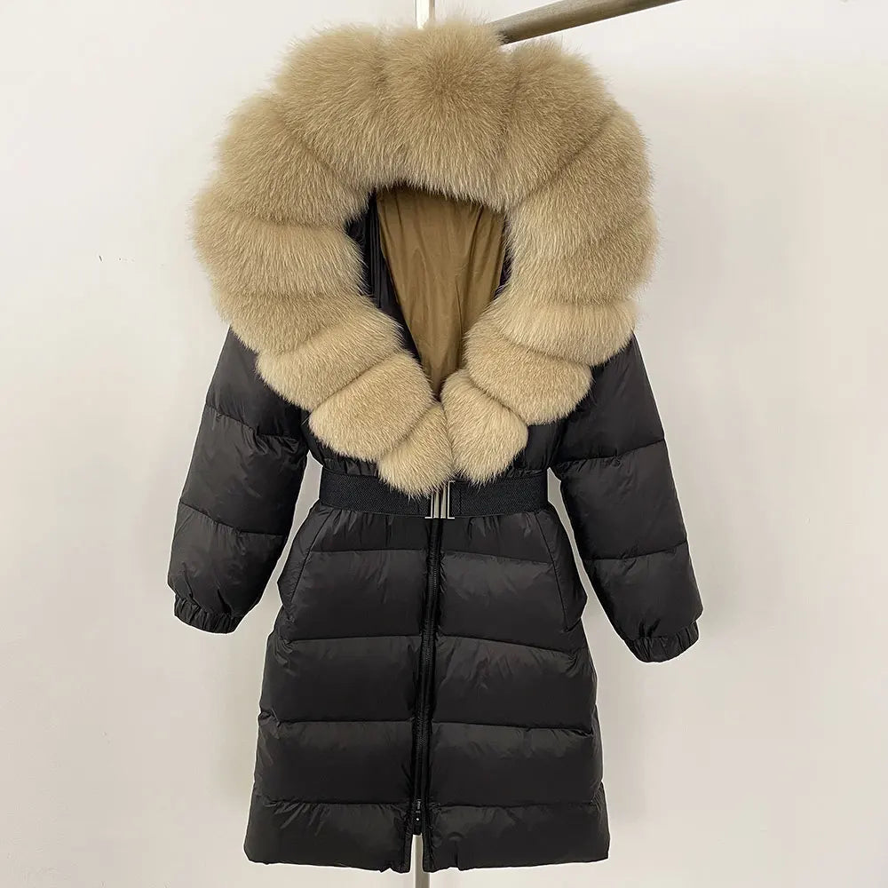 OFTBUY New Natural Thick Warm Duck Down Coat Female Long Winter Jacket Women Real Big Fox Fur Collar Belt Loose Puffer Parka
