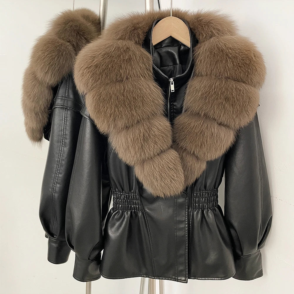 OFTBUY Women's Luxury Real Fox/Raccoon Fur Faux Leather Jacket Elastic Waist New Winter Coat Elegant PU Leather Outerwear Female