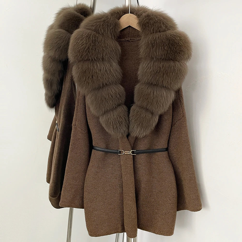OFTBUY New Autumn Winter Luxury Fashion Outerwear Lady Women's Knit Coat with Large Real Fox Fur Collar Belt Textured Knit Warm