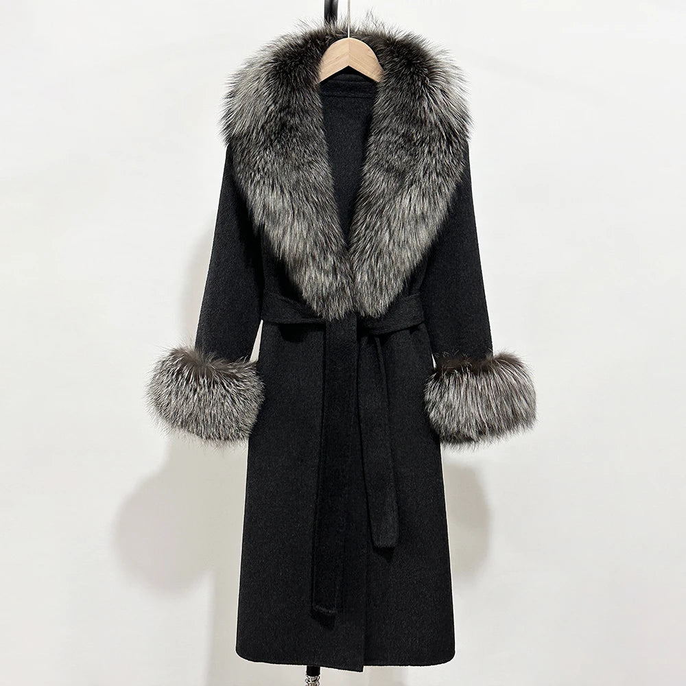 OFTBUY Fashion Warm Woolen Jacket with Real Fox Fur Collar and Cuffs New Autumn Winter Wool Clothing Women Long Belt Outerwear