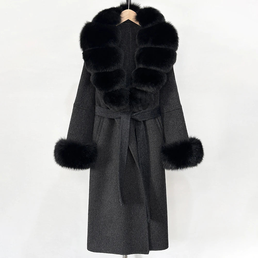 OFTBUY New Women's Double-Faced Wool Coat with Large Real Fox Fur Belted Warm Winter Luxury Fashion Outerwear Woolen Jacket Lady
