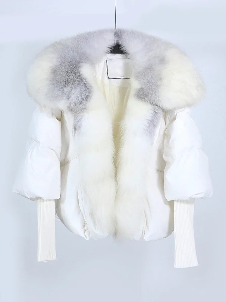 OFTUBY White Duck Down Jacket Winter Women Warm Loose Coat Natural Real Fox Fur Collar Thick Luxury Outerwear New Fashion