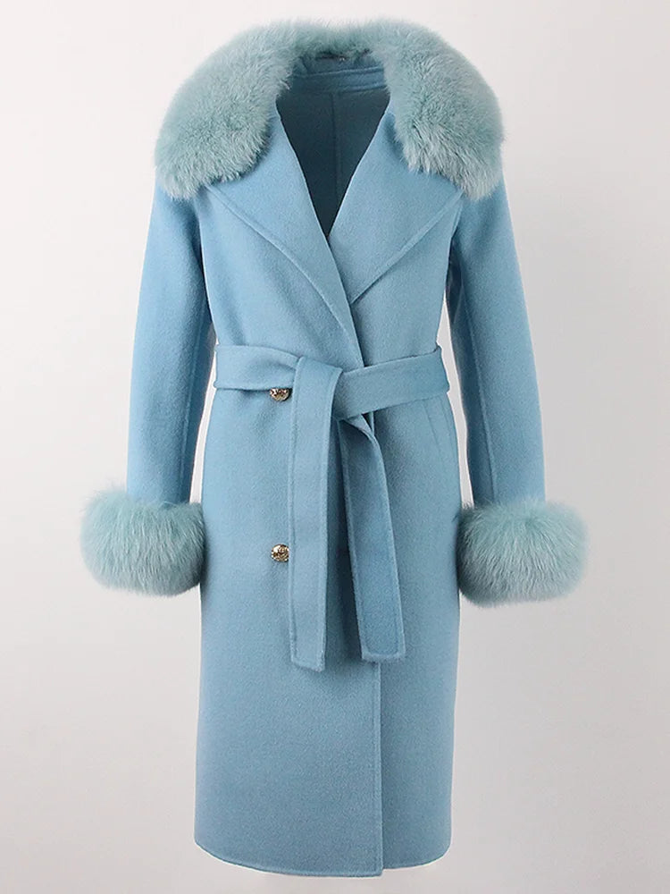 OFTBUY Winter Jacket Women Long Natural Wool Blends Cashmere Real Fur Coat Double Breasted Belt Warm Streetwear New Fashion