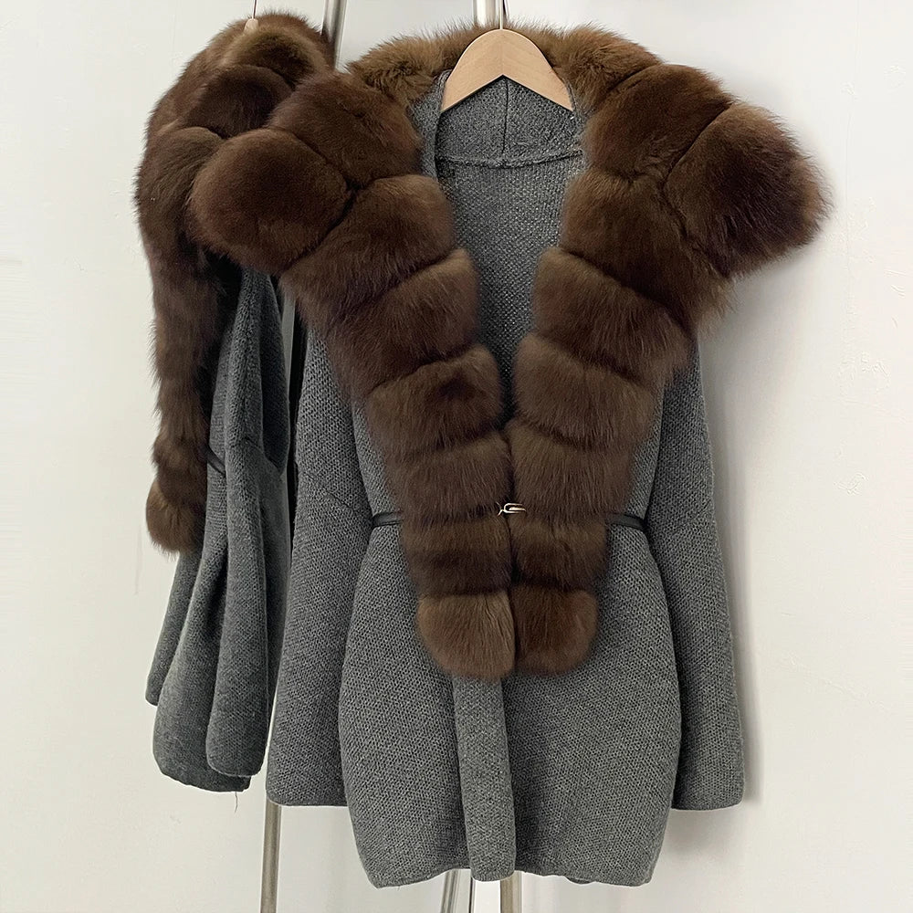 OFTBUY Fashion Belt Warm Sweater Female Natural Fur Loose Cadigan Coat Women Medium Length Knit Jacket with Real Fox Fur Collar