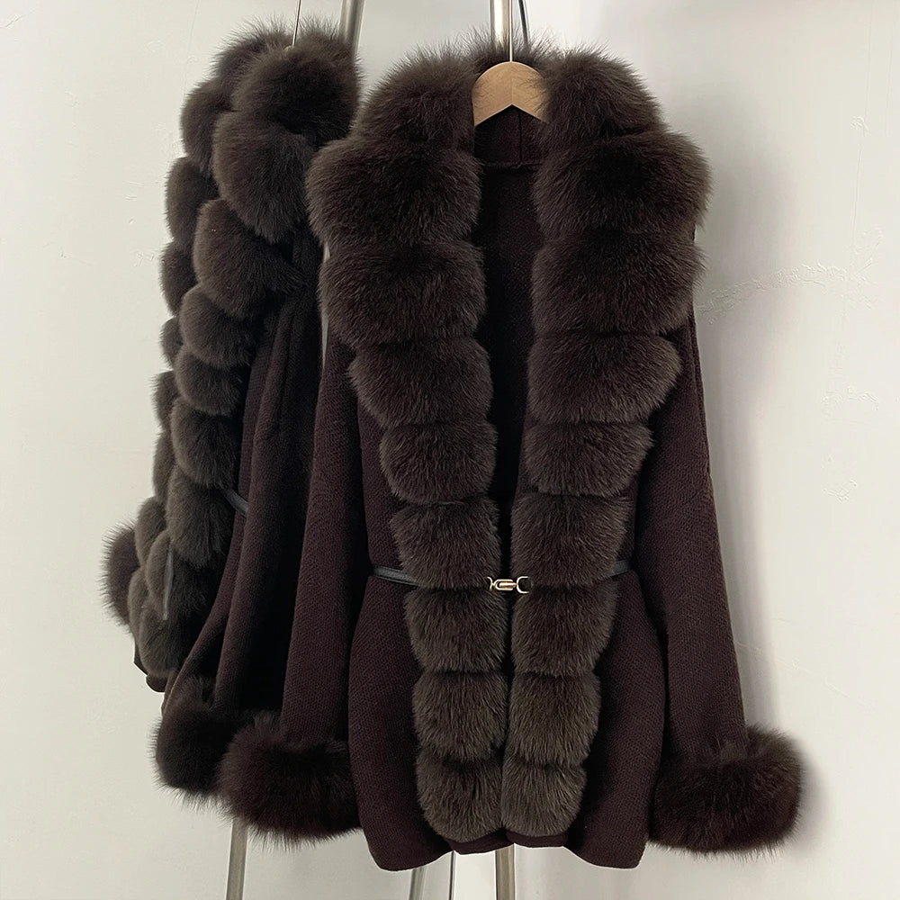 OFTBUY Belt Textured Knit Warm Winter Luxury Outerwear Female Sweater Cardigan New Women's Knit Coat with Large Real Fox Fur