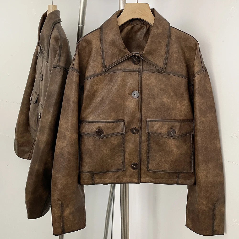 OFTBU Oversized Pockets Streetwear Fashion Outerwear Fake Leather Coat Female New Women's Vintage Washed Faux Leather Jacket
