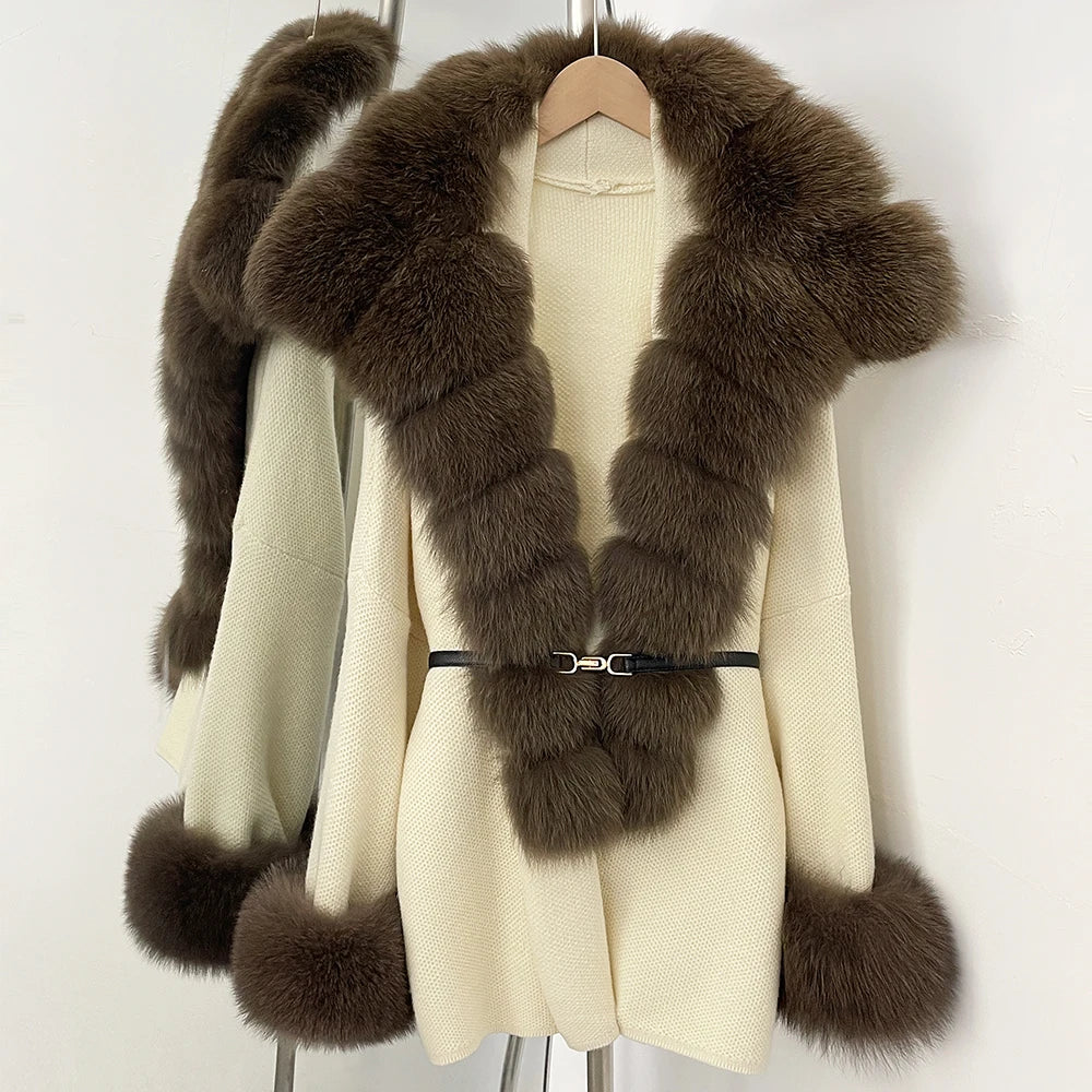OFTBUY Belt Loose Fit Warm Winter Fashion Outerwear Natural Fur Sweater Female New Women's Knit Coat with Large Real Fox Fur