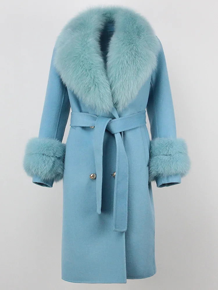 OFTBUY Winter Jacket Women Long Natural Wool Blends Cashmere Real Fur Coat Double Breasted Belt Warm Streetwear New Fashion