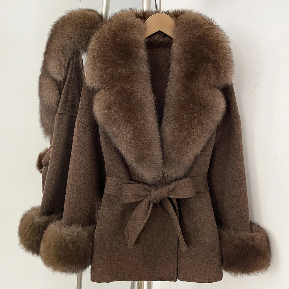 OFTBUY New Women's Double-Faced Wool Coat with Large Real Fox Fur Collar Cuffs Belted Warm Winter Elegant Fashion Outerwear Lady