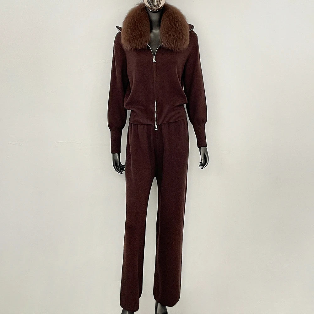 OFTBUY Winter New Women's Knitted Tracksuit Set with Fox Fur Collar Zipper Jacket Wide Leg Pants Luxury Casual Two-Piece Outfit