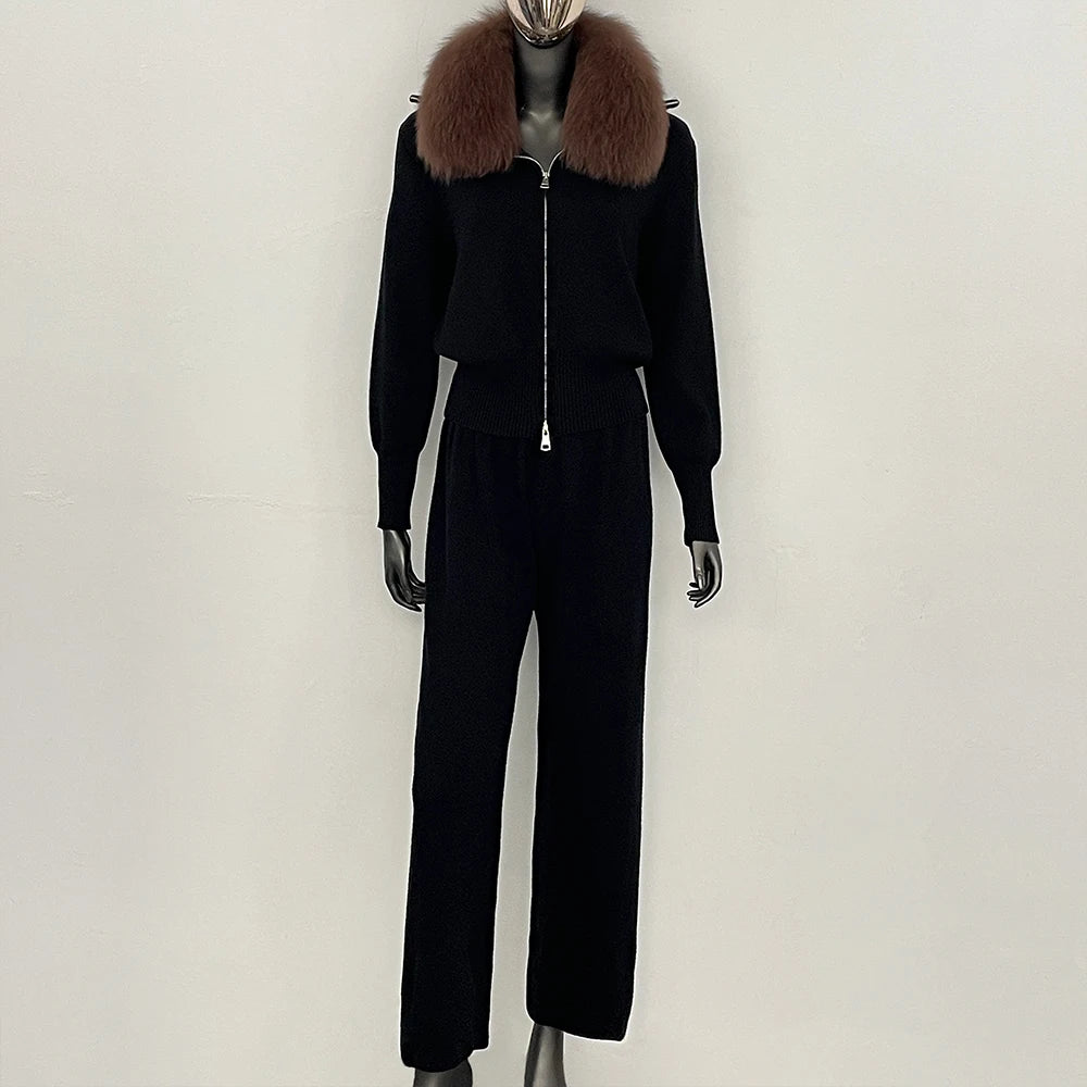 OFTBUY Winter New Women's Knitted Tracksuit Set with Fox Fur Collar Zipper Jacket Wide Leg Pants Luxury Casual Two-Piece Outfit