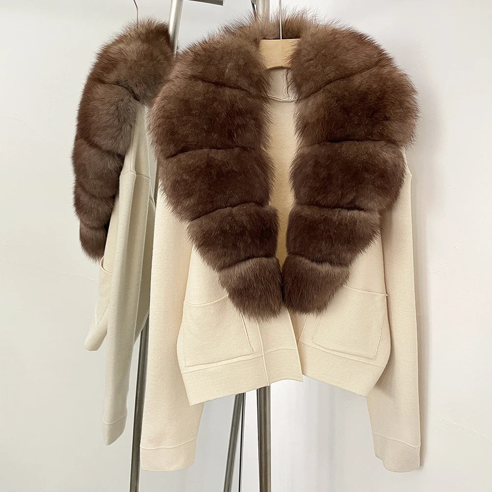 OFTBUY New Women's Knit Cardigan with Large Real Fox Fur Collar Loose Fit Warm Winter Fashion Lady Outerwear Sweater Female