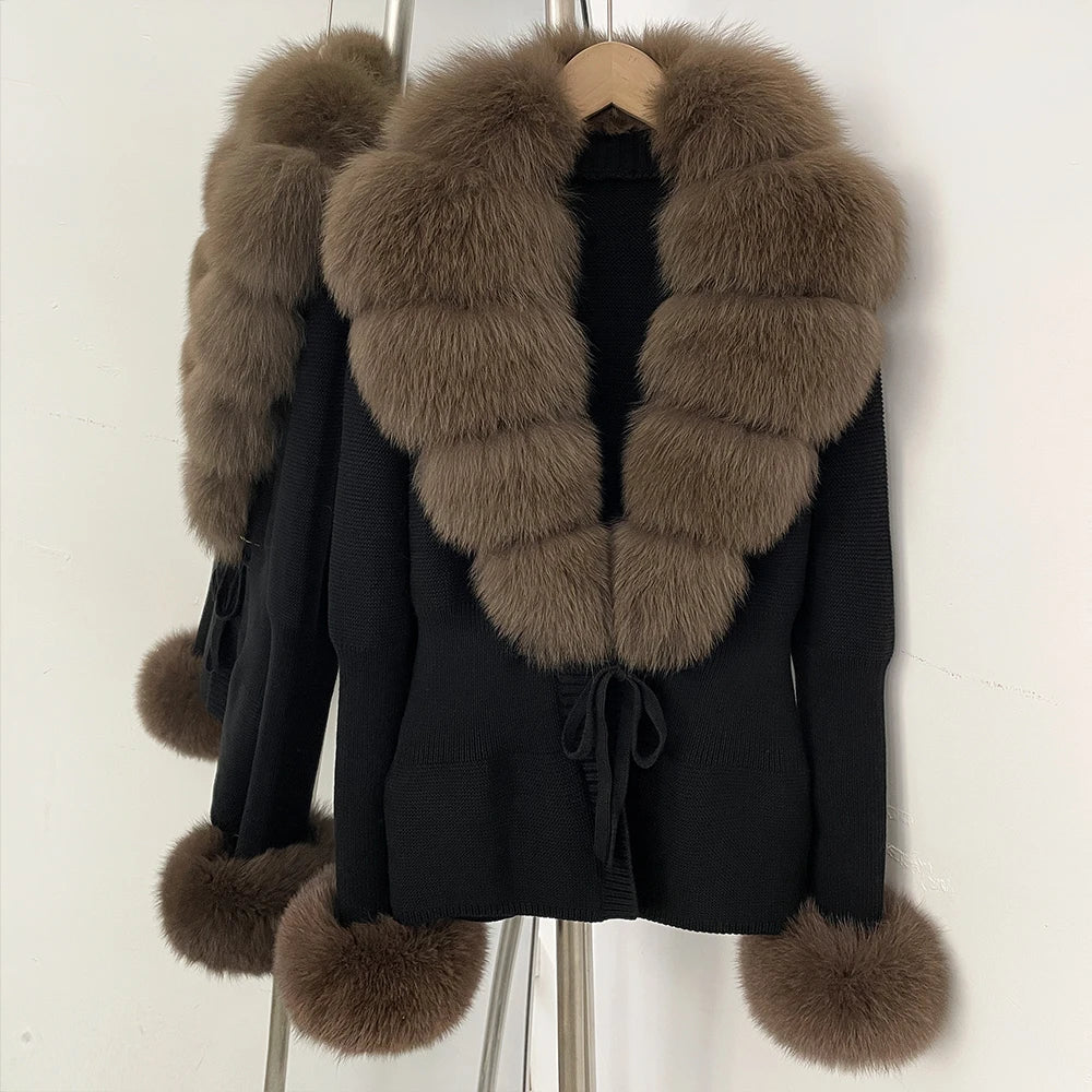 OFTBUY New Autumn Winter Knit Cardigan Women Fashion Warm Clothes with Real Fox Fur Luxury Natural Fur Sweater Jacket Female