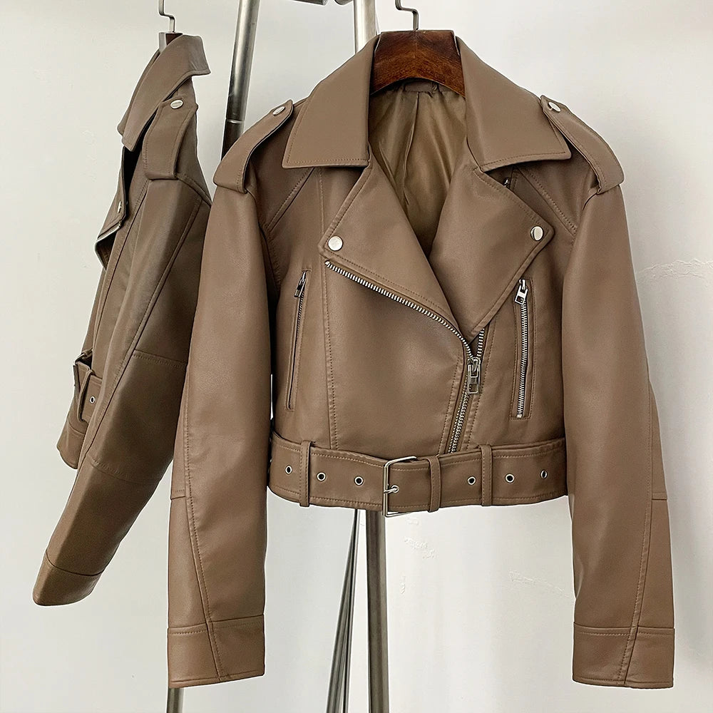 OFTBUY Fashion Faux Leather Jacket Female New Spring Autumn Long Sleeves Fake Leather Clothes Women Short Pu Leather Coat