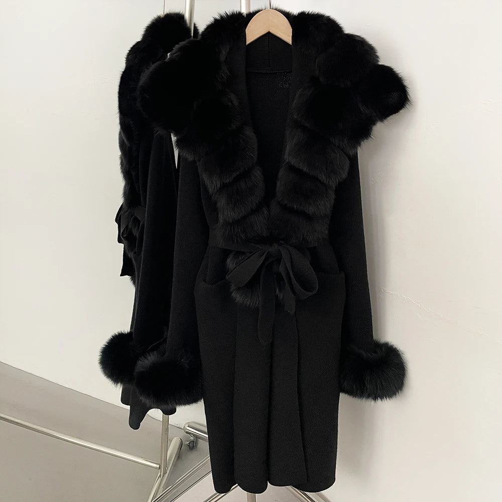 OFTBUY Fashion Warm Belt Real Fox Fur Cardigan New Natural Fur Collar Long Knit Jacket Women Atrumn Winter Top Clothing Female