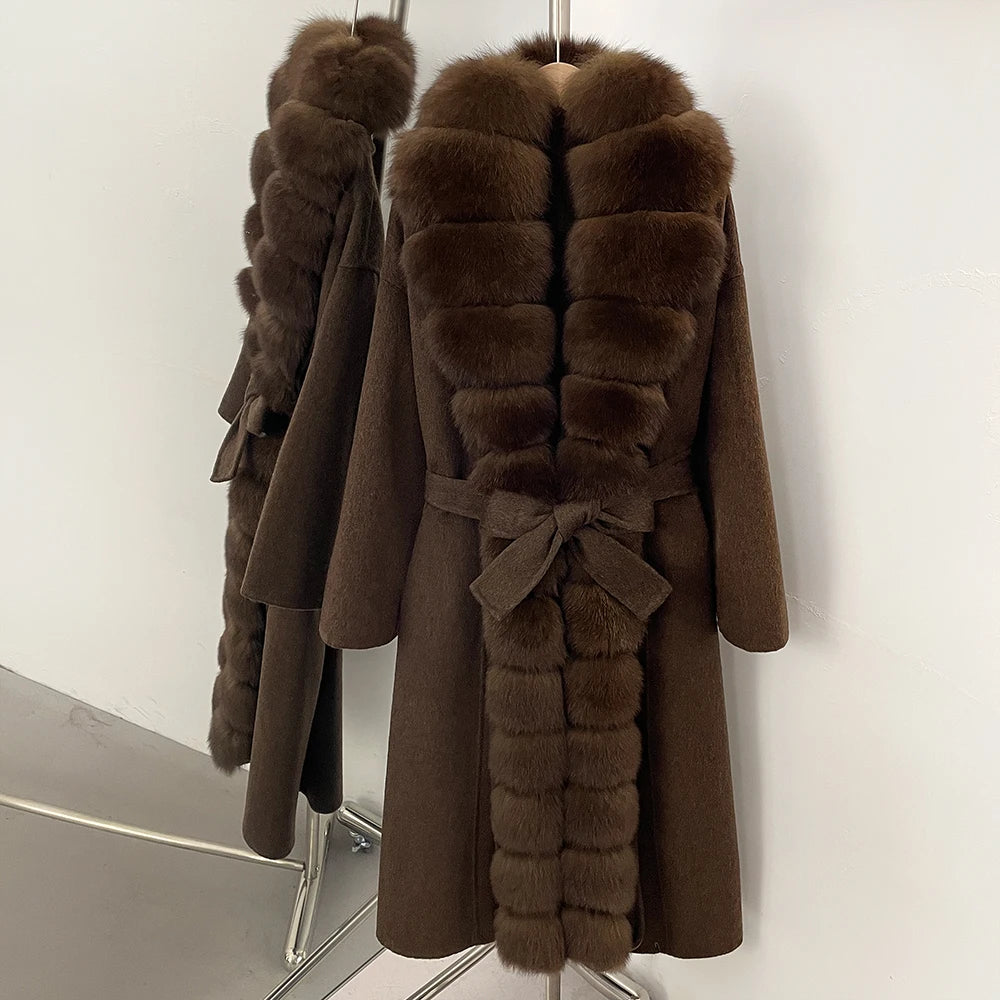 OFTBUY New Autumn Winter Clothes Women Belt Natural Fur Collar Woolen Jacket Long Big Fox Fur Pinnacle 100% Wool Coat Female
