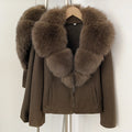 OFTBUY Women's Faux Fur Collar Knit Zip Up Jacket Brown Loose Warm Winter Sweater Coat Female Fashion Casual Cardigan Outerwear