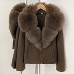 OFTBUY Women's Faux Fur Collar Knit Zip Up Jacket Brown Loose Warm Winter Sweater Coat Female Fashion Casual Cardigan Outerwear