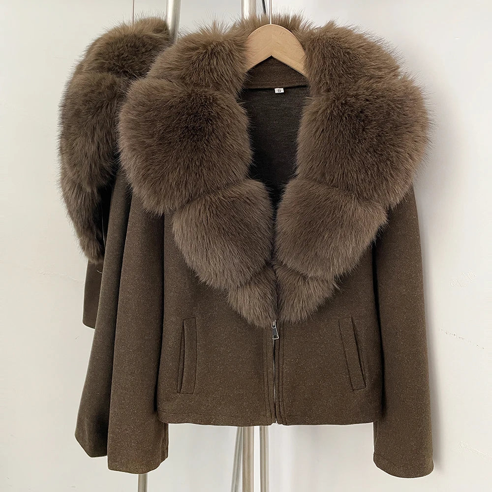OFTBUY Women's Faux Fur Collar Knit Zip Up Jacket Brown Loose Warm Winter Sweater Coat Female Fashion Casual Cardigan Outerwear