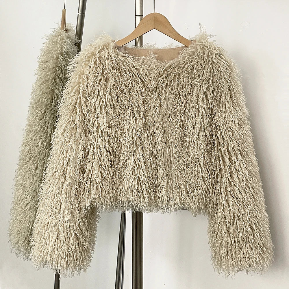 OFTBUY Cropped Faux Mongolia Sheep Fur Jacket
