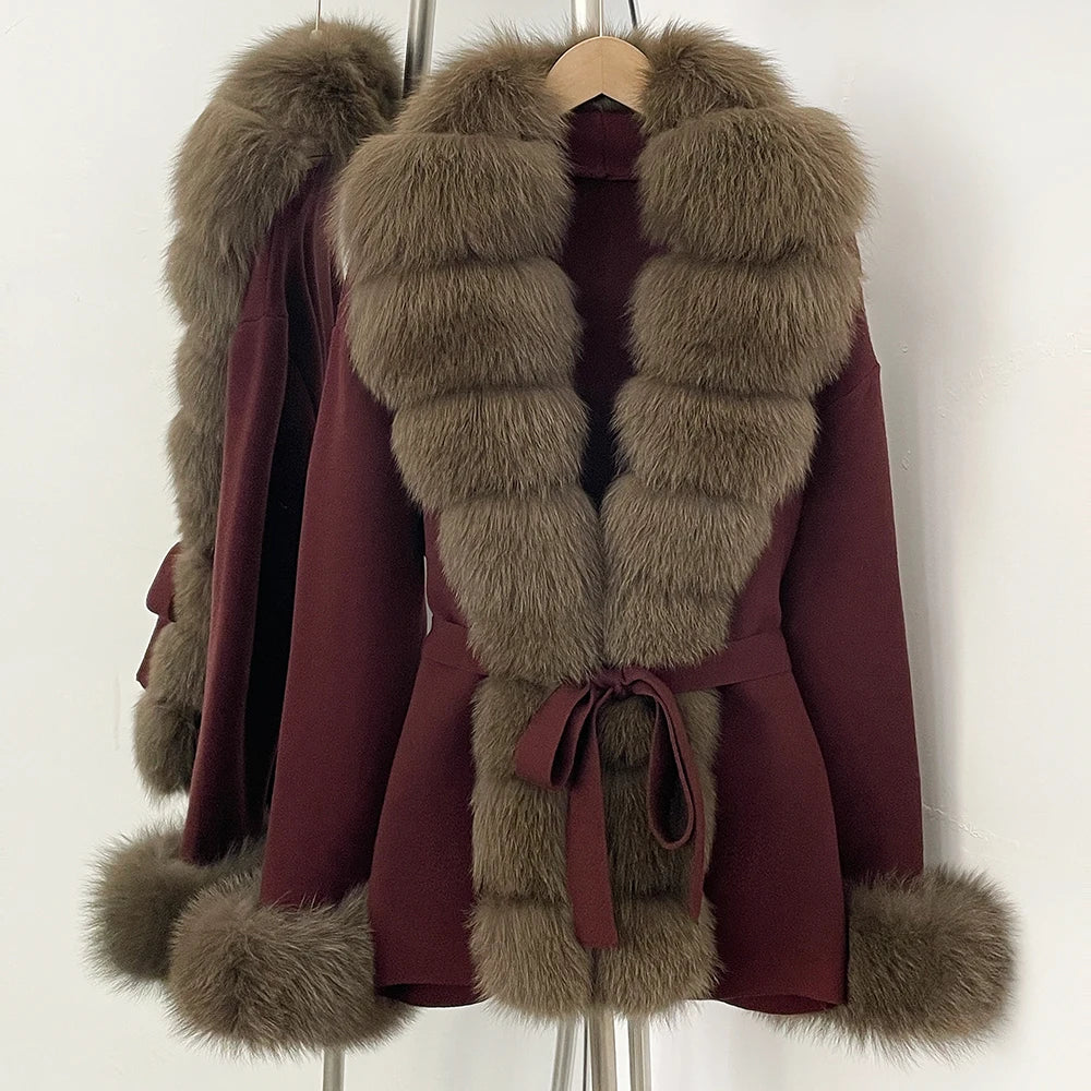 OFTBUY New Spring Autumn Clothing Women Fashion Real Fox Fur Kint Cardigan Female Belt Luxury Loose Fur Cuffs Sweater Jacket