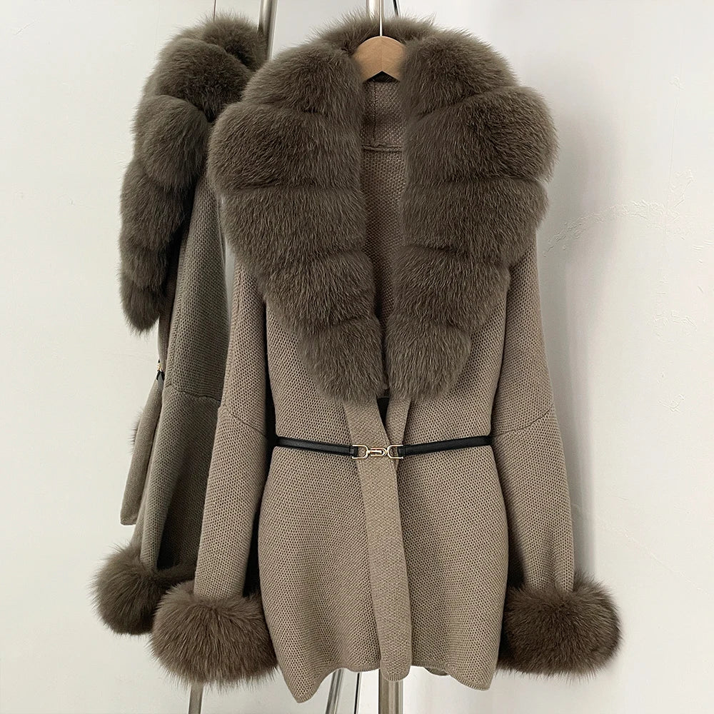 OFTBUY Belt Knit Warm Winter Luxury Casual Fashion Outerwear Sweater Female New Women's Knit Coat with Large Real Fox Fur Collar