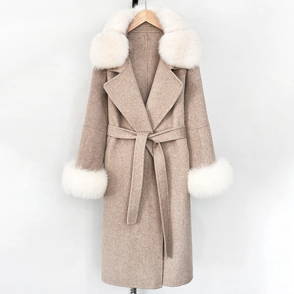 OFTBUY Belted Long Warm Winter Elegant Fashion Outerwear New Women's Double-Faced Wool Coat with Real Fox Fur Collar and Cuffs