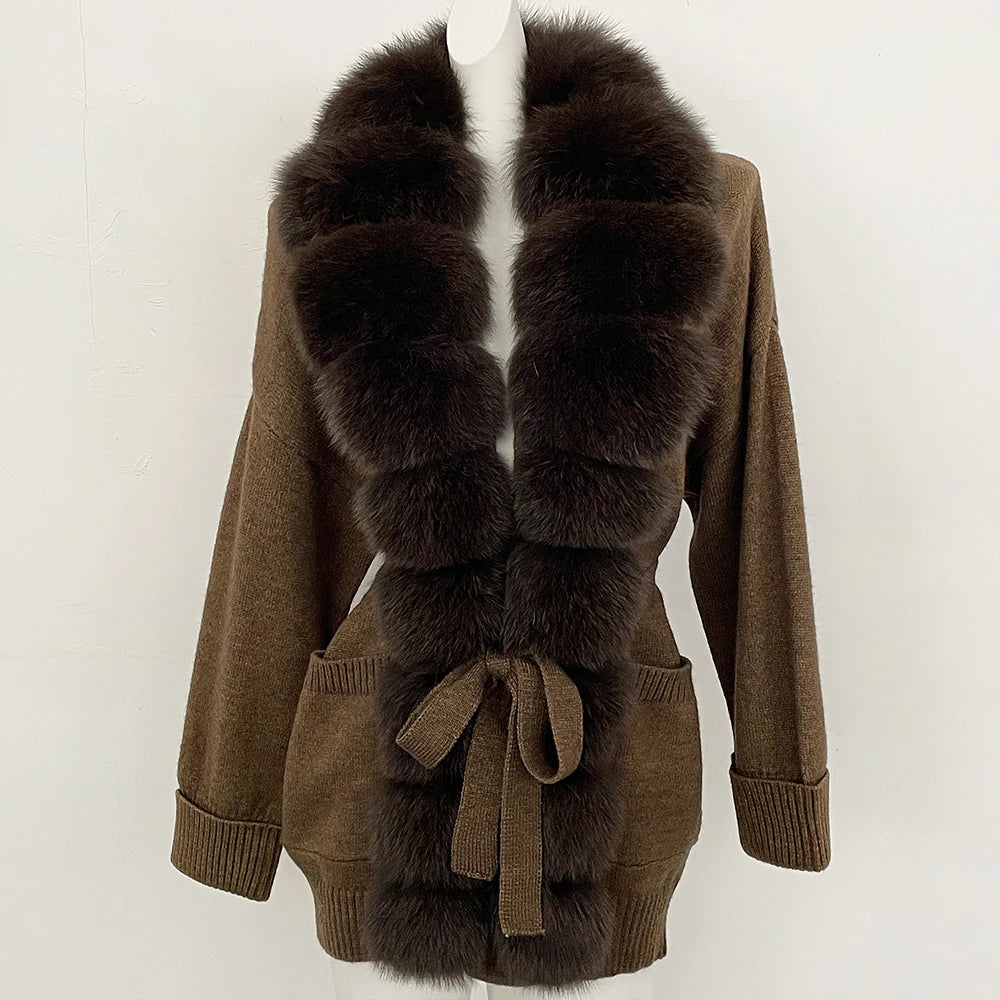 OFTBUY Trim Belted Waist Warm Winter Luxury Fashion Outerwear Sweater Female New Women's Knit Cardigan with Large Real Fox Fur