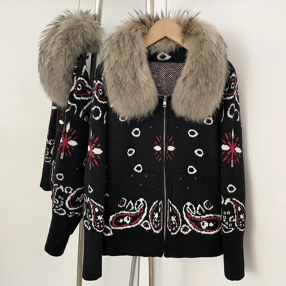 OFTBUY Women's Vintage Real Fox Fur Collar Knit Cardigan Paisley Print Zip Up Sweater Jacket Female Warm Winter Luxury Outerwear