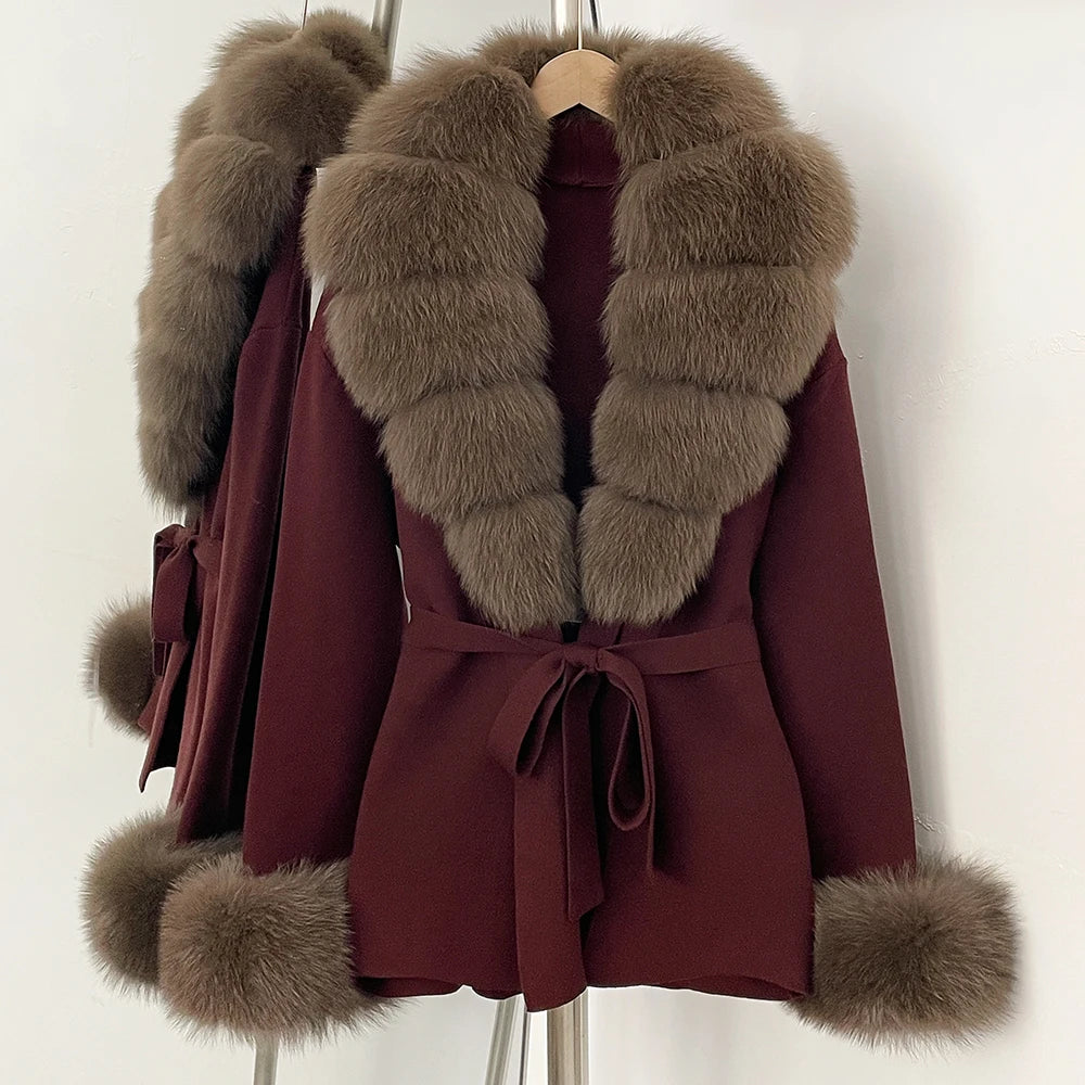 OFTBUY New Women's Knit Cardigan with Real Fox Fur Collar and Cuff Belt Luxury Coat Warm Autumn Fashion Outerwear Sweater Female