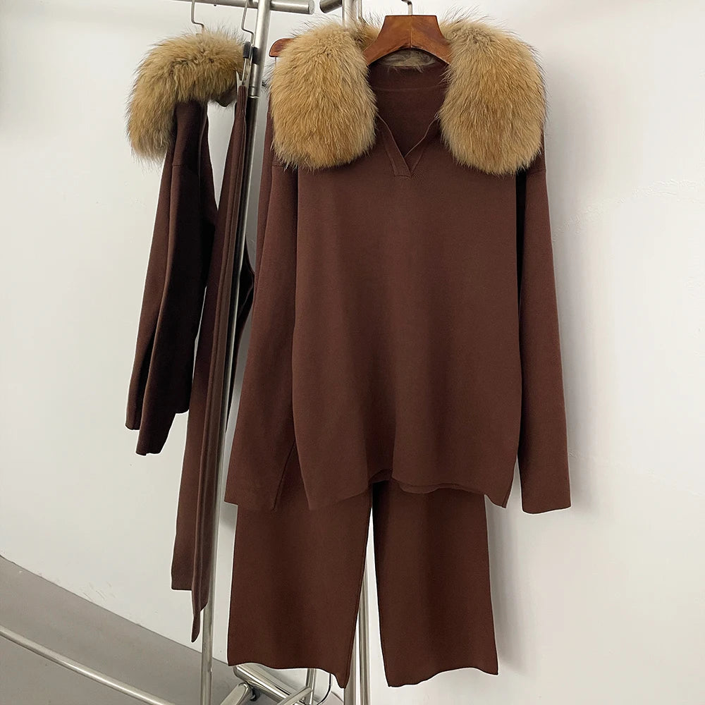 OFTBUY Knitted Pant Set Female Fashion Warm Real Fox Fur Sweater Lady New Autumn Winter Plus Size Woman Clothes Outfits Knitwear
