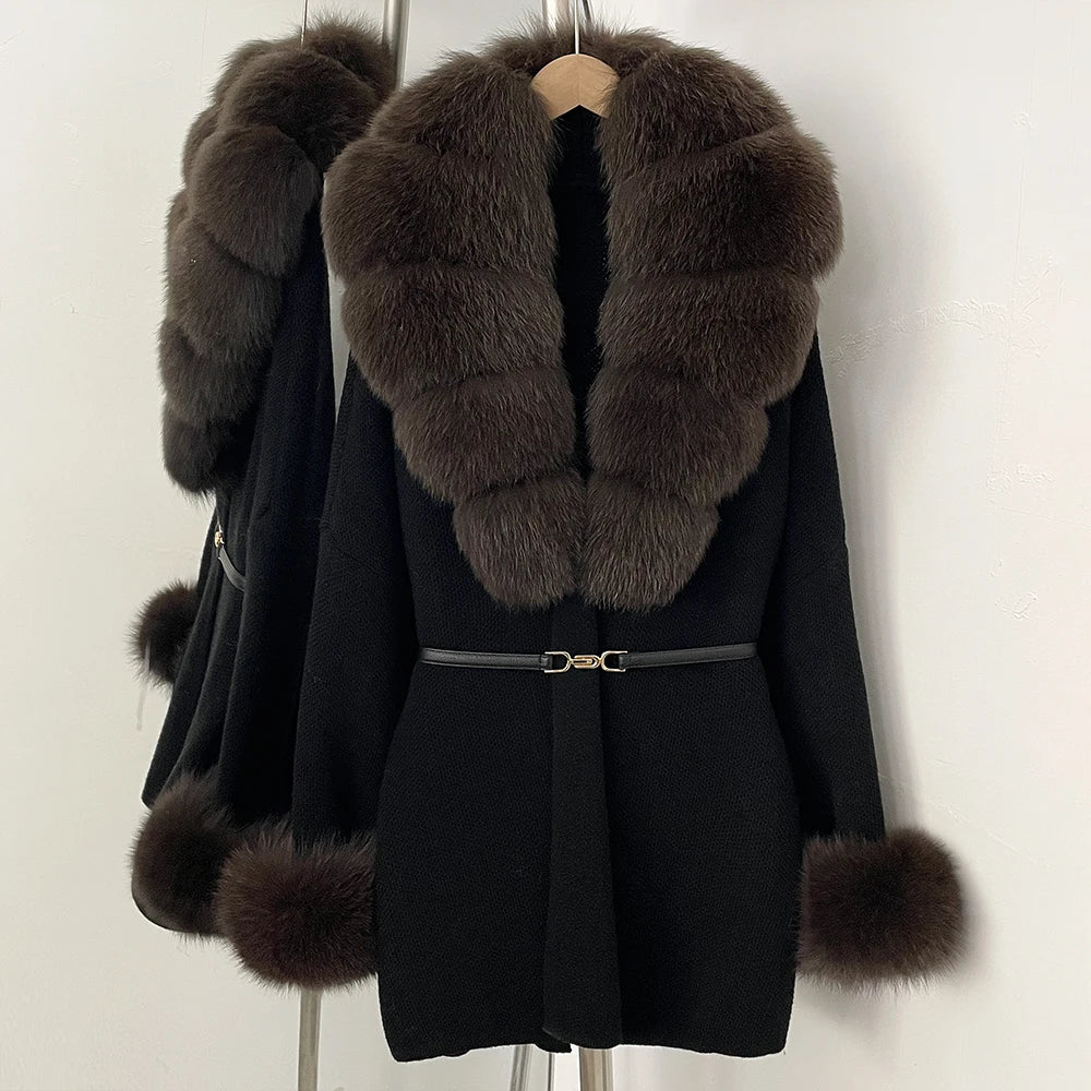 OFTBUY Belt Knit Warm Winter Luxury Casual Fashion Outerwear Sweater Female New Women's Knit Coat with Large Real Fox Fur Collar