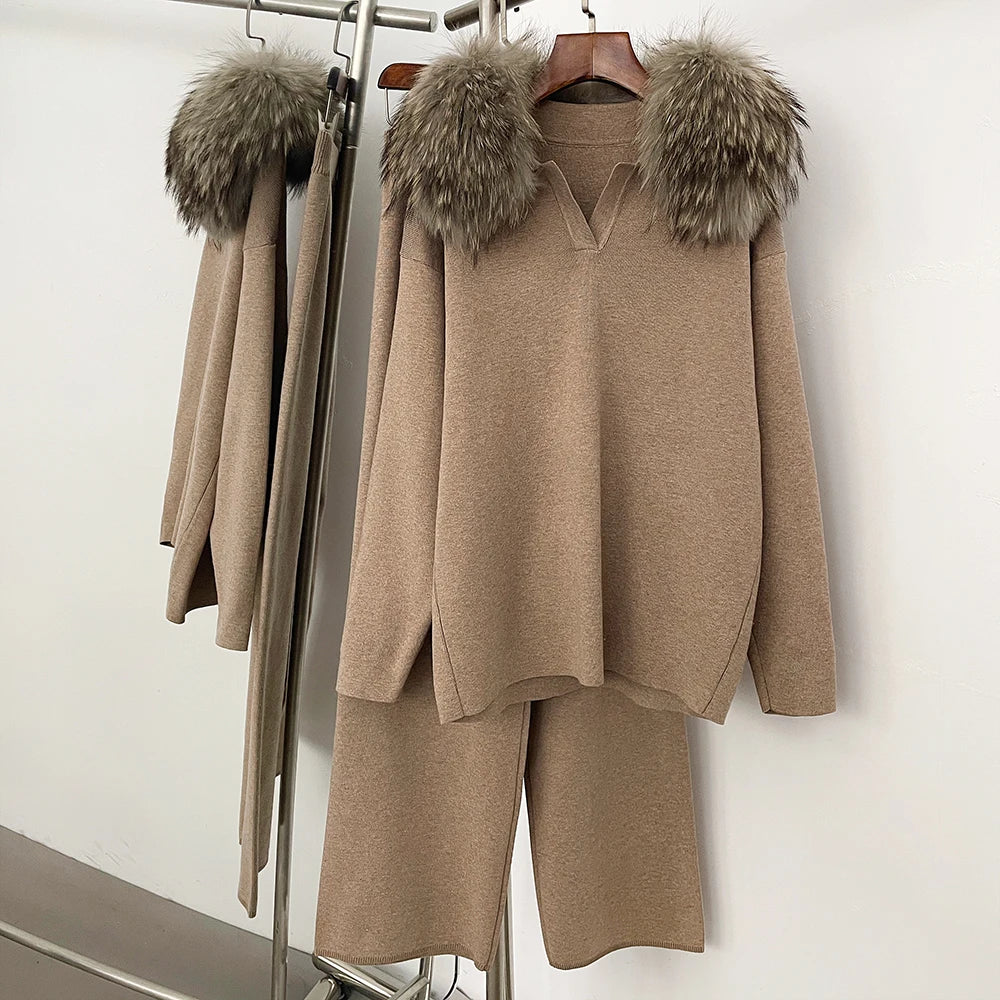 OFTBUY Knitted Pant Set Female Fashion Warm Real Fox Fur Sweater Lady New Autumn Winter Plus Size Woman Clothes Outfits Knitwear