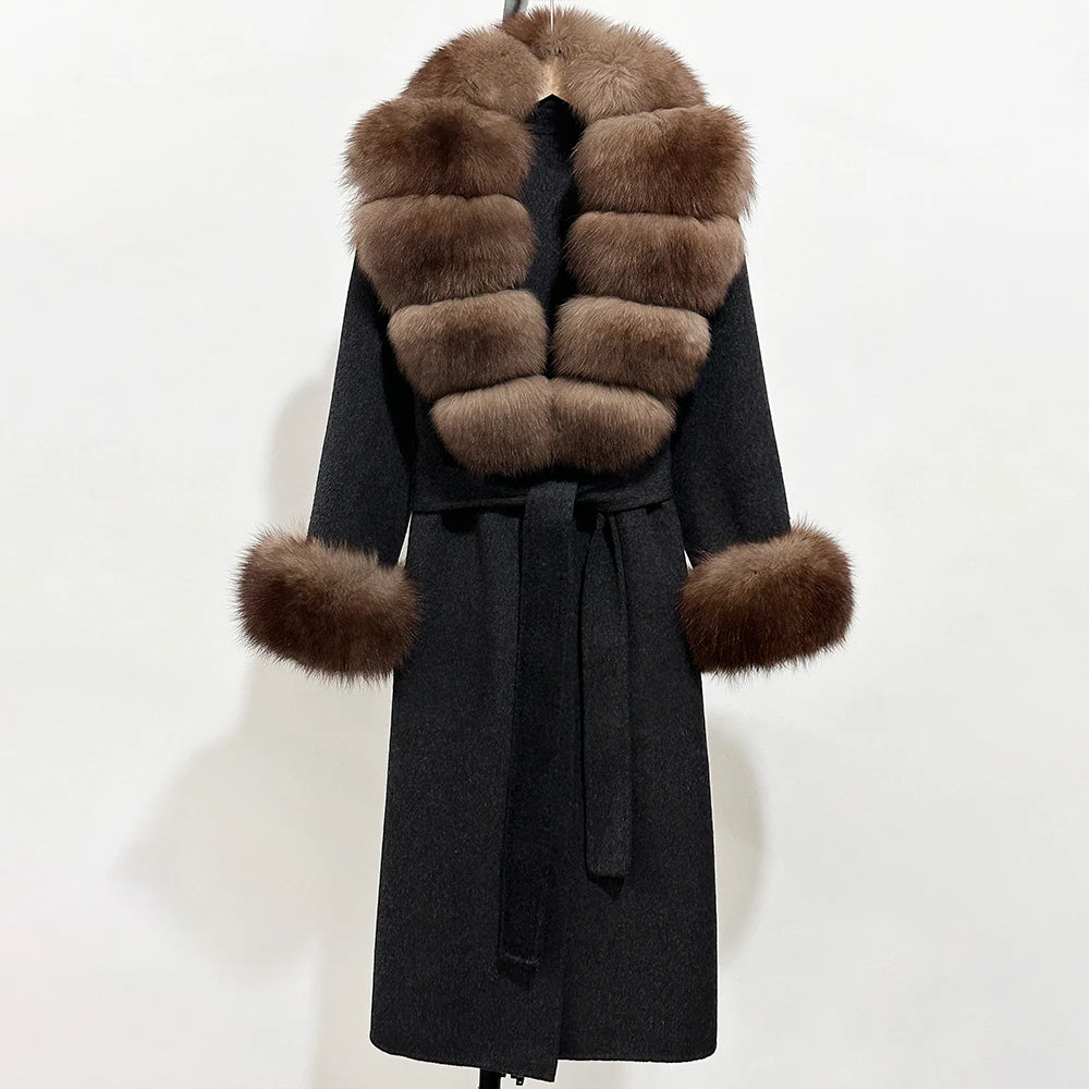 OFTBUY Fashion Warm Woolen Jacket with Real Fox Fur Collar and Cuffs New Autumn Winter Wool Clothing Women Long Belt Outerwear