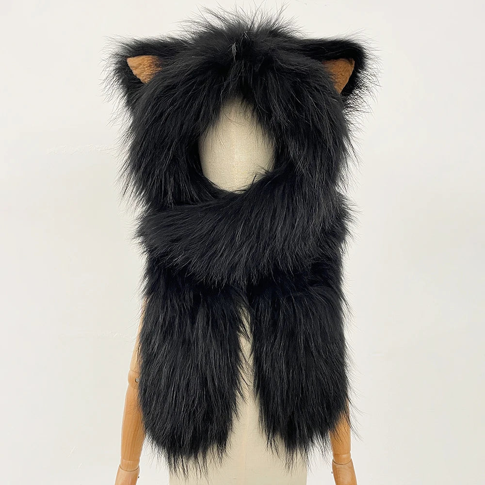 OFTBUY Thick Warm Cute Animal Natural Raccoon Fur Hat Scarf Women New Winter Windproof Cycling Caps Real Fur Muffler Female