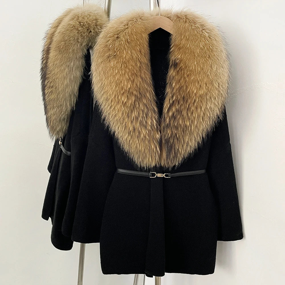 OFTBUY New Autumn Winter Luxury Fashion Outerwear Lady Women's Knit Coat with Large Real Fox Fur Collar Belt Textured Knit Warm