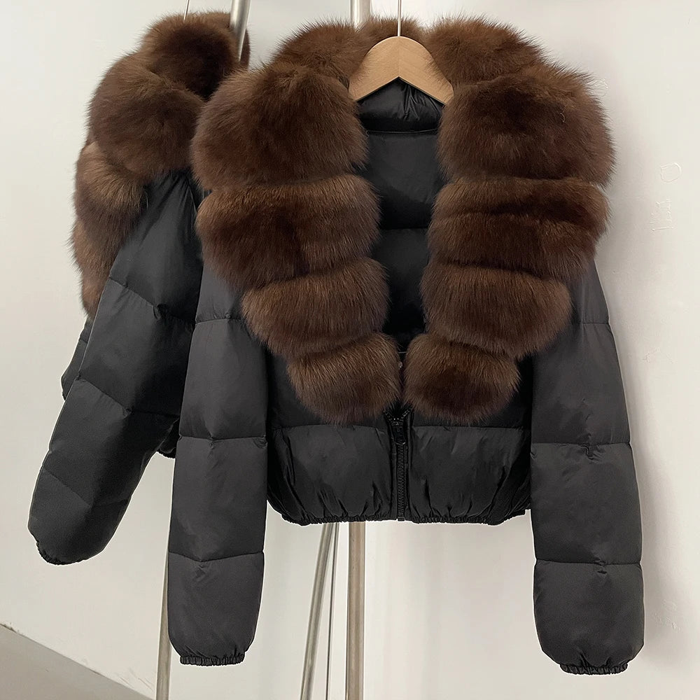 OFTBUY New Puffer Jacket Women with Large Natural Fox Fur Collar Short Fluffy Thick Parkas Female 90% White Duck Down Coat Lady