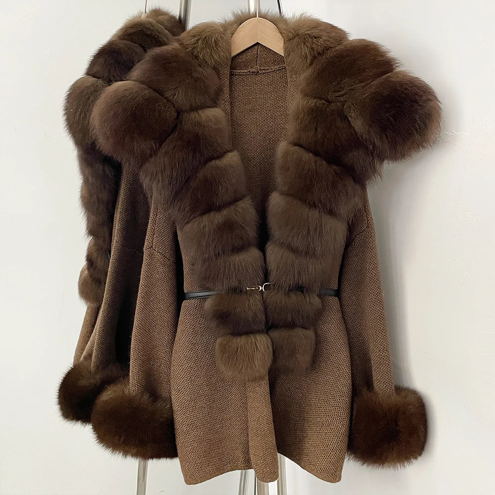 OFTBUY Belt Loose Fit Warm Winter Fashion Outerwear Natural Fur Sweater Female New Women's Knit Coat with Large Real Fox Fur