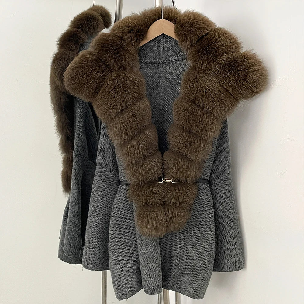 OFTBUY Fashion Belt Warm Sweater Female Natural Fur Loose Cadigan Coat Women Medium Length Knit Jacket with Real Fox Fur Collar