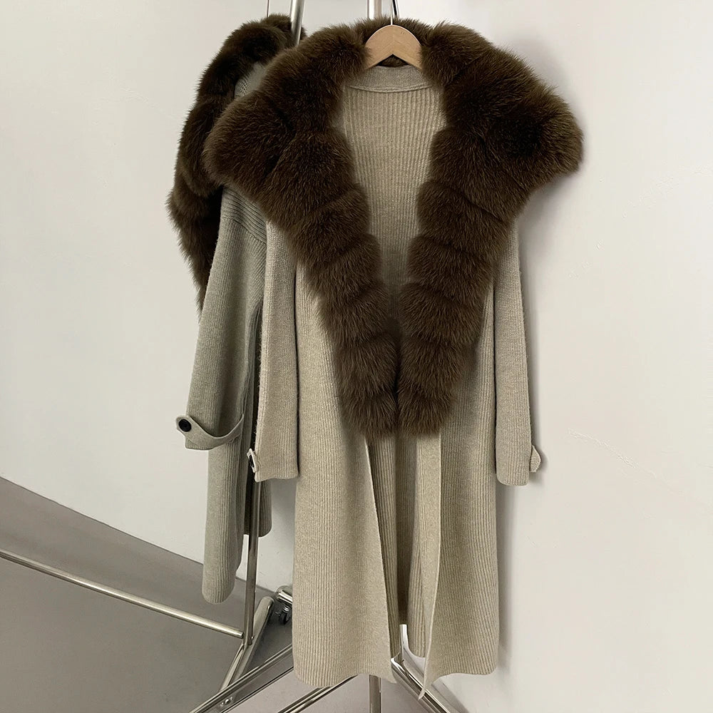 OFTBUY New Autumn Winter Knit Clothing Female Long Big Real Fox Fur Collar Sweater Women Warm Fashion Elegant Cardigan Coat