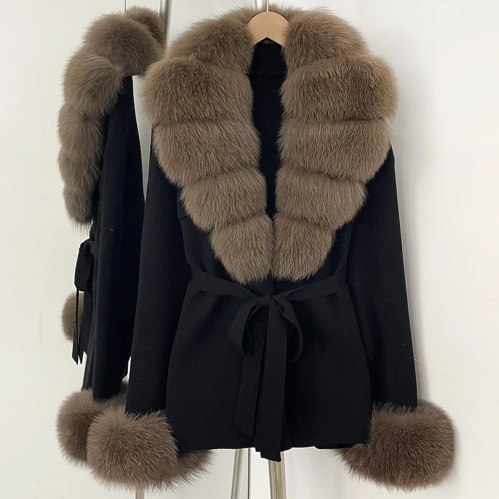 OFTBUY New Women's Knit Cardigan with Real Fox Fur Collar and Cuff Belt Luxury Coat Warm Autumn Fashion Outerwear Sweater Female