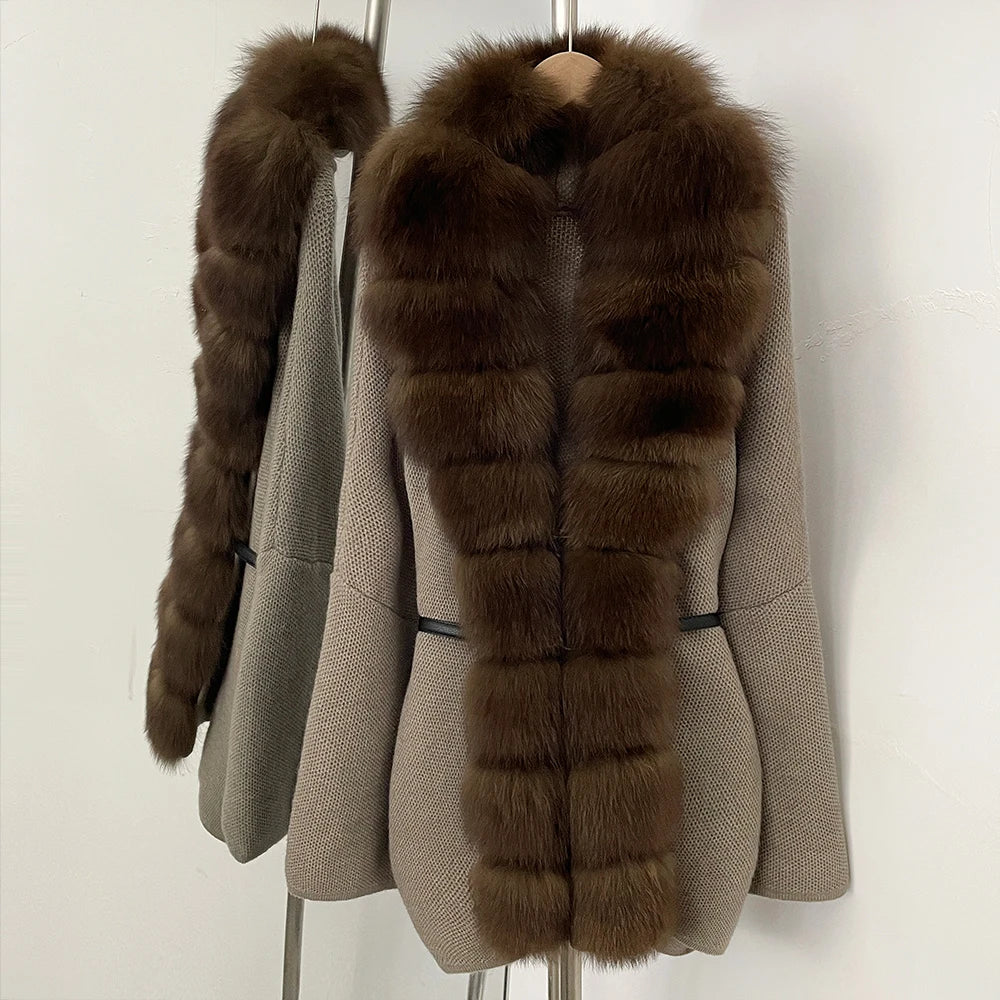 OFTBUY Metal Belt Knit Warm Winter Luxury Fashion Outerwear Sweater Cardigan New Women's Knit Coat with Full Real Fox Fur Front