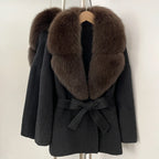 OFTBUY Belted Warm Winter Elegant Fashion Outerwear Lady New Women's Double-Faced Wool Coat with Large Real Fox Fur Collar Cuffs