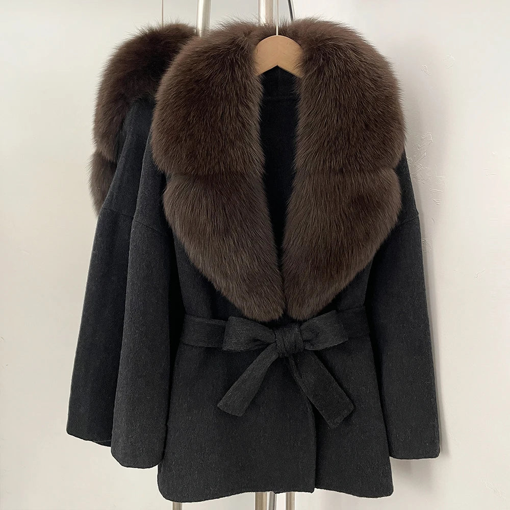 OFTBUY Belted Warm Winter Elegant Fashion Outerwear Lady New Women's Double-Faced Wool Coat with Large Real Fox Fur Collar Cuffs