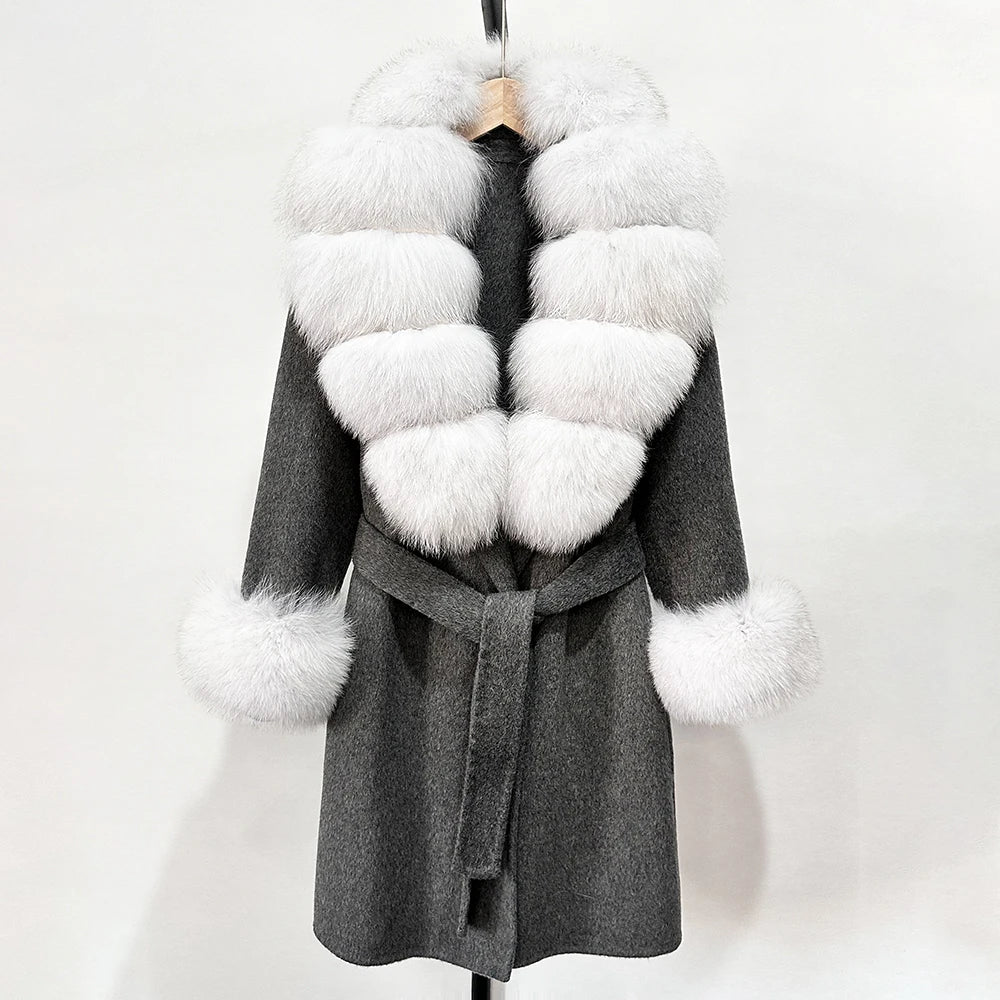 OFTBUY New Autumn Winter Top Clothes Women Belt Natural Fur Wool Coat Female Fashion Warm Woolen Jacket with Real Fox Fur Collar