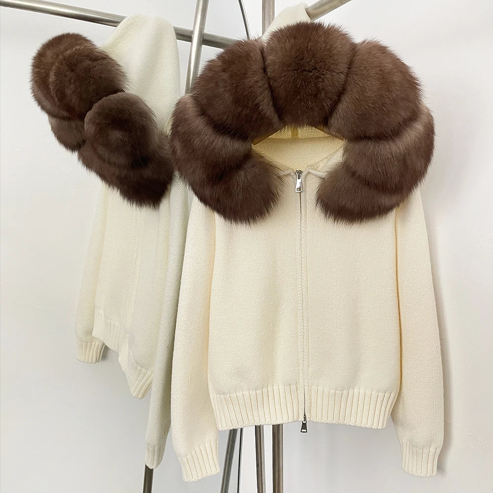 OFTBUY Luxury Knitted Zip-Up Hoodie with Oversized Real Fox Fur Hood - Premium Apres-Ski Luxe Loungewear