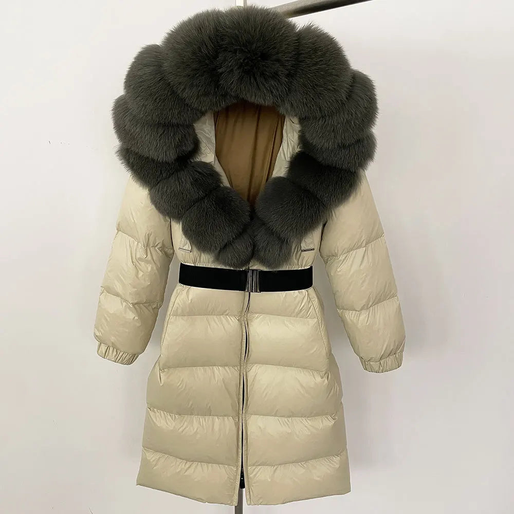 OFTBUY New Natural Thick Warm Duck Down Coat Female Long Winter Jacket Women Real Big Fox Fur Collar Belt Loose Puffer Parka