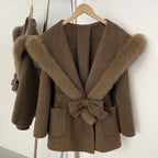 OFTBUY Belt Luxury Fur Navy Collar Warm Jacket Female 100% Wool Coat with Real Fox Fur New Autumn Winter Woolen Colthes Women