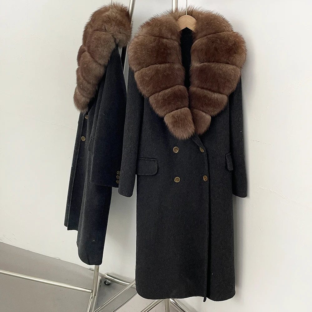 OFTBUY Woolen Coat Female Women's Luxury Double-Faced Wool Jacket Winter Oversize Real Fox Fur Double Breasted Elegant Outerwear