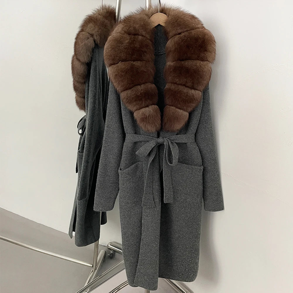 OFTBUY Women's Luxury Brown Knit Cardigan with Real Fox Fur Collar Belted Sweater Coat Female New Fashion Warm Winter Outerwear